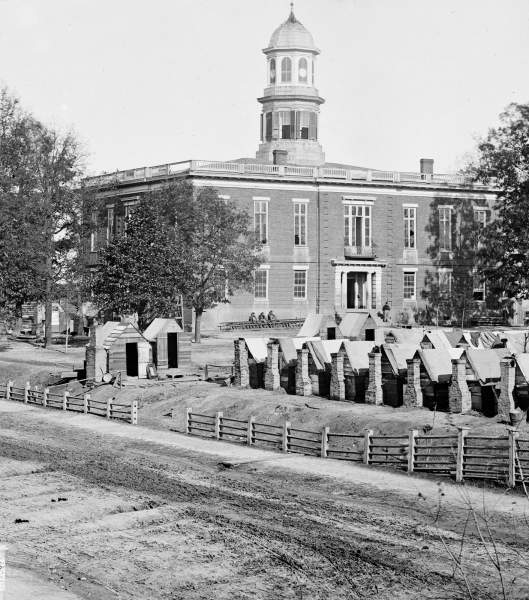 Union troops camped on the grounds of City Hall, Atlanta, Georgia, November 1864, zoomable image