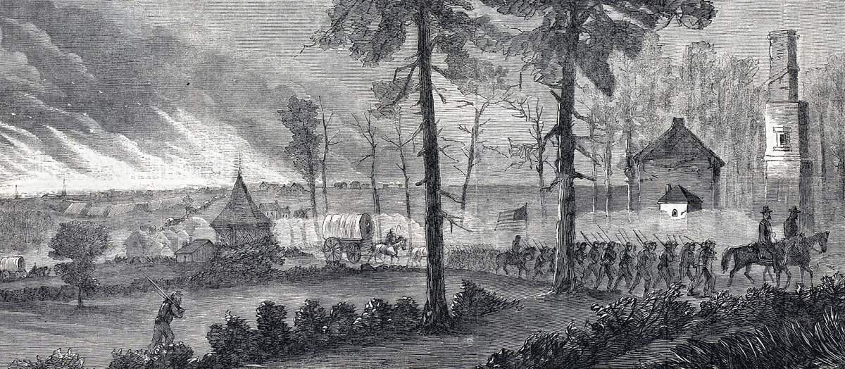Union troops move out from a burning Atlanta, Georgia, November 15, 1864, artist's impression, detail