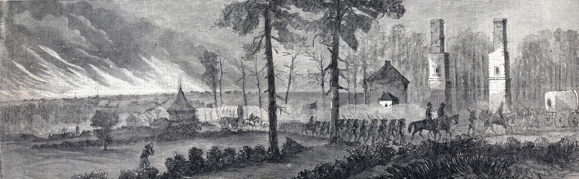 Union troops move out from a burning Atlanta, Georgia, November 15, 1864, artist's impression, zoomable image