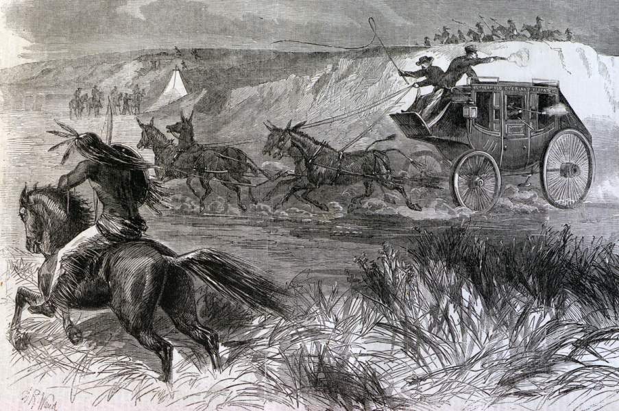 Attack on the Butterfield Overland Stagecoach, Kansas, Winter 1865, artist's impression, detail