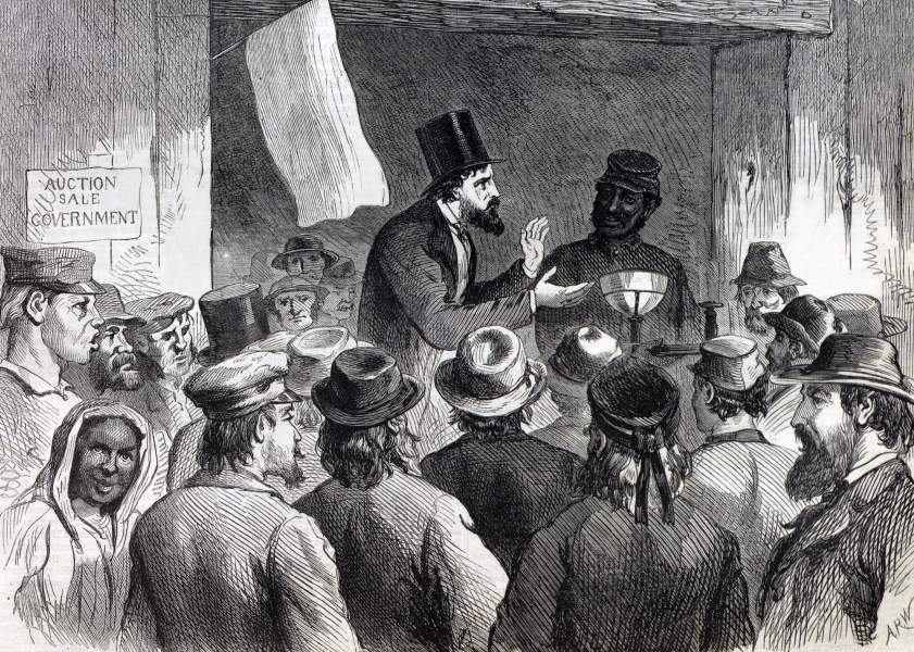 Government Auction, Cairo, Illinois, April 1866, artist's impression, zoomable image.