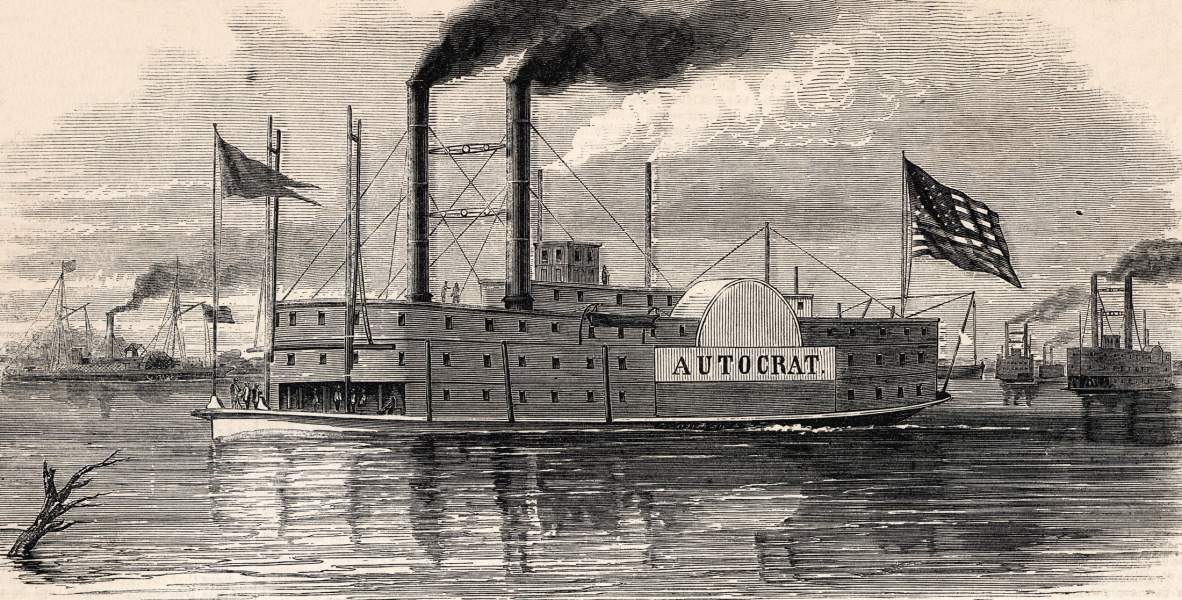 U.S.S. Autocrat, flagship of the Marine Brigade, Mississippi River, May-July 1863, artist's impression, zoomable image