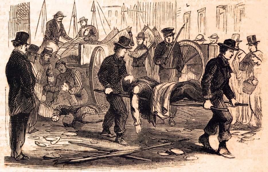 Carrying away the dead following the rioting in Baltimore, Maryland, April 18, 1861, artist's impression