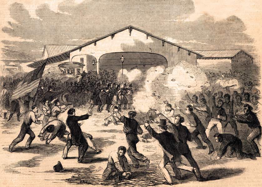 Deadly rioting at the Kensington Railway Depot in Baltimore, Maryland, April 19, 1861, artist's impression, zoomable image