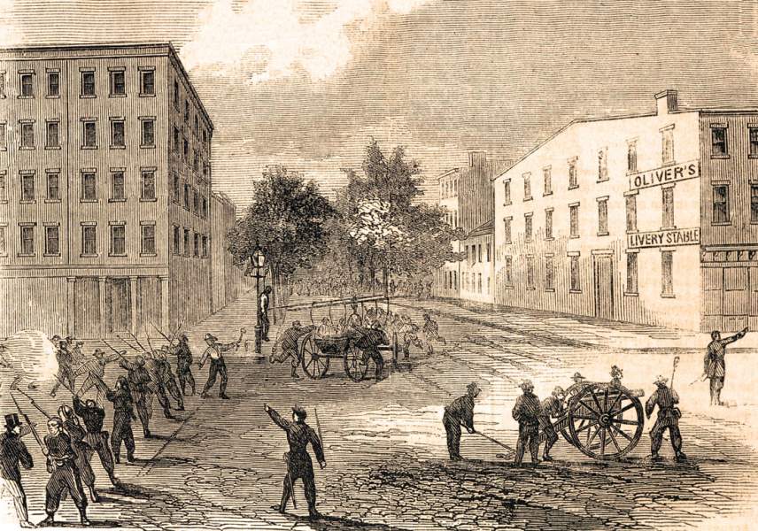 New York Volunteer Infantry in action against rioters on Seventh Avenue, New York City, July 1863, artist's impression
