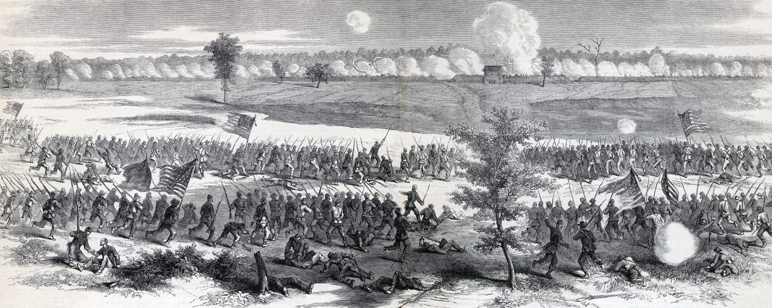 Charge of Union's Fifth Corps, Battle of Poplar Spring Church, Virginia, September 30, 1864, artist's impression, zoomable image