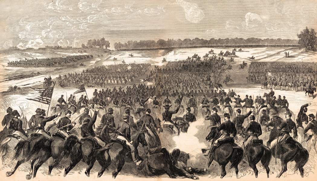 Buford's Cavalry in action during the Battle of Brandy Station, June 9, 1863, artist's impression, zoomable image