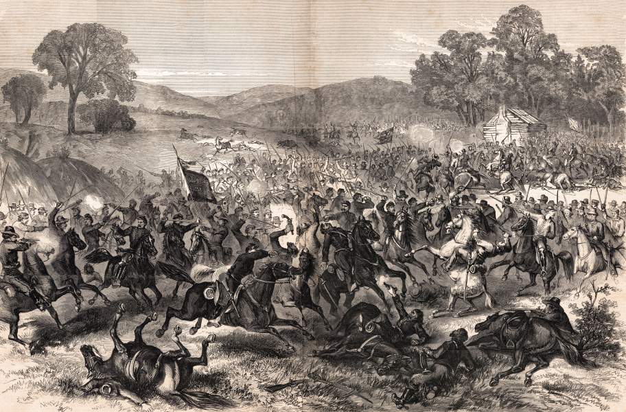 Confederate cavalry battles to cover Lee's retreat near Boonsboro, Maryland, 7-8 July 1863, artist's impression, zoomable image