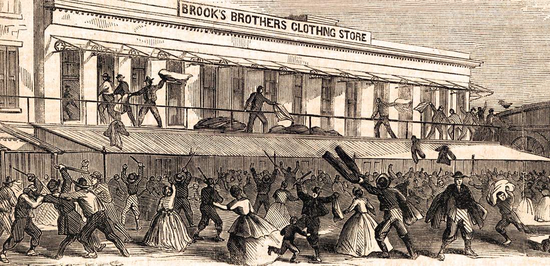 Looting of Brooks Brothers on Catherine Street, New York City, July, 1863, artist's impression, detail