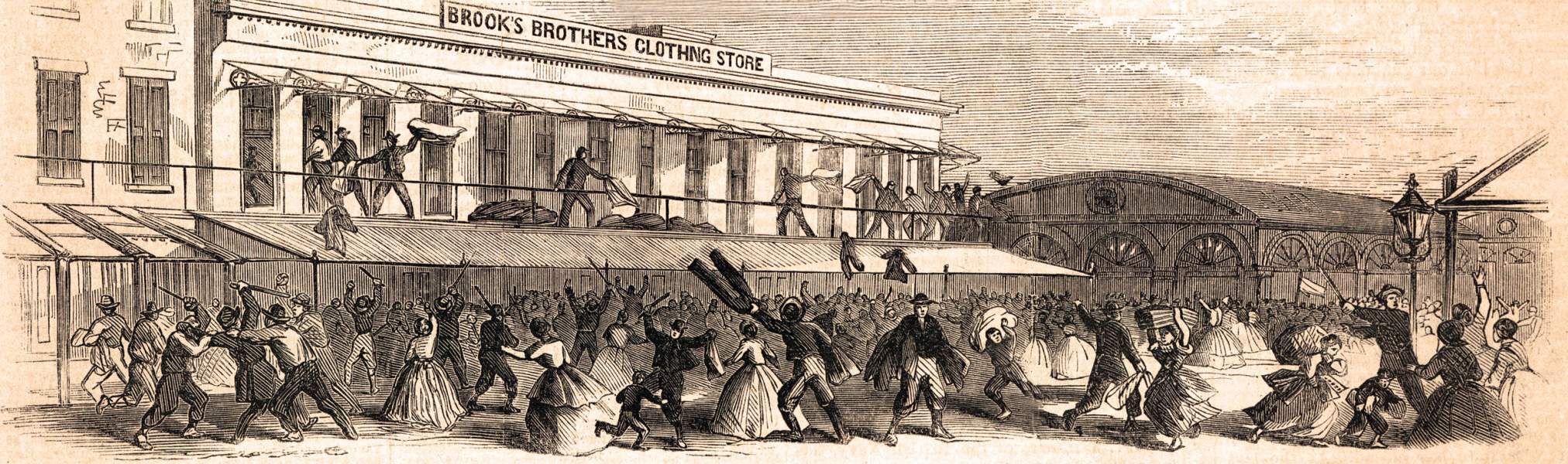 Looting of Brooks Brothers on Catherine Street, New York City, July, 1863, artist's impression, zoomable image