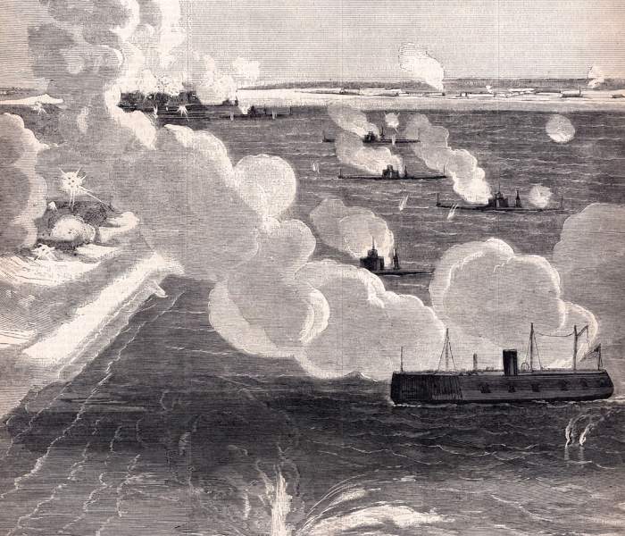 Heavy Union shelling of Forts Wagner and Sumter in Charleston Harbor, August 17, 1865, artist's impression, detail