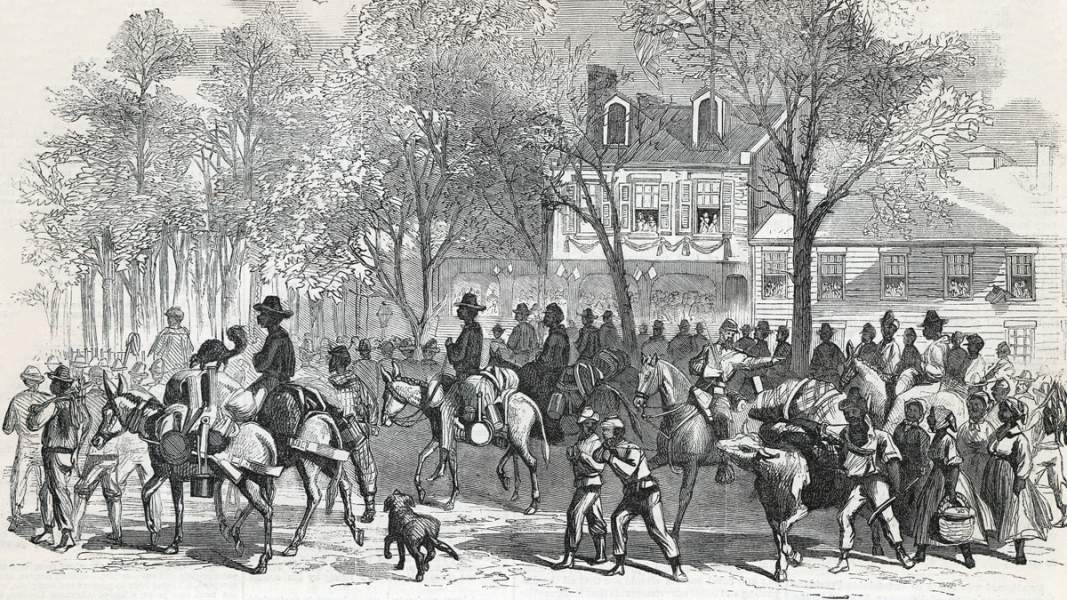 The "bummers" and foragers of Sherman's Army marching in the Grand Review, Washington D.C., May 24, 1865, artist's impression