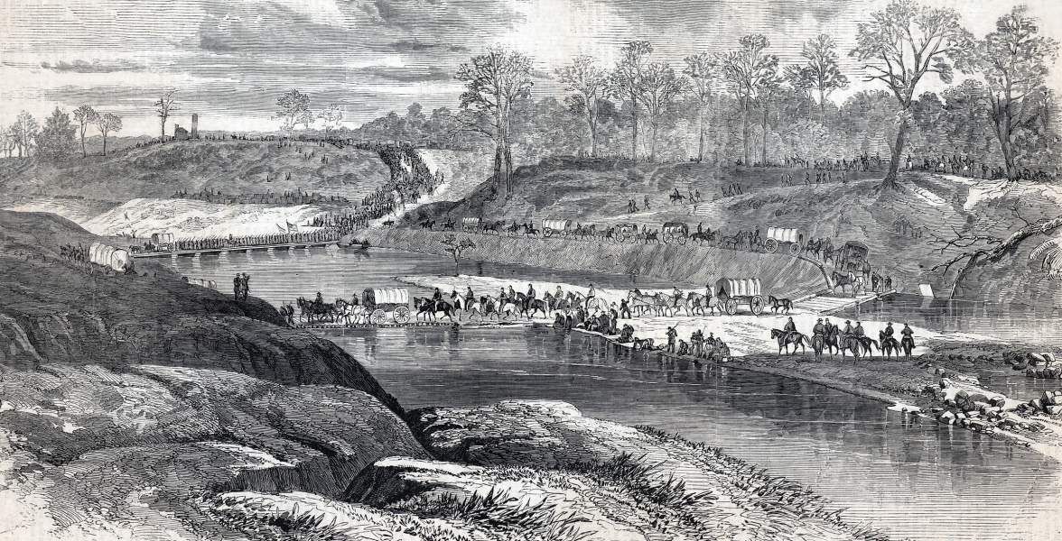 General N. P. Bank's troops fording the Cane River, Louisiana, March 31, 1864, artist's impression, zoomable image