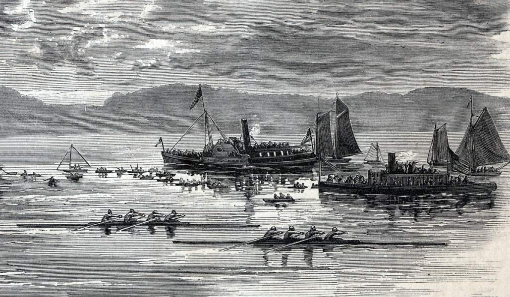 Four-oar sculls national championship boat race, Hudson River, New York, September 25, 1865, artist's impression, detail