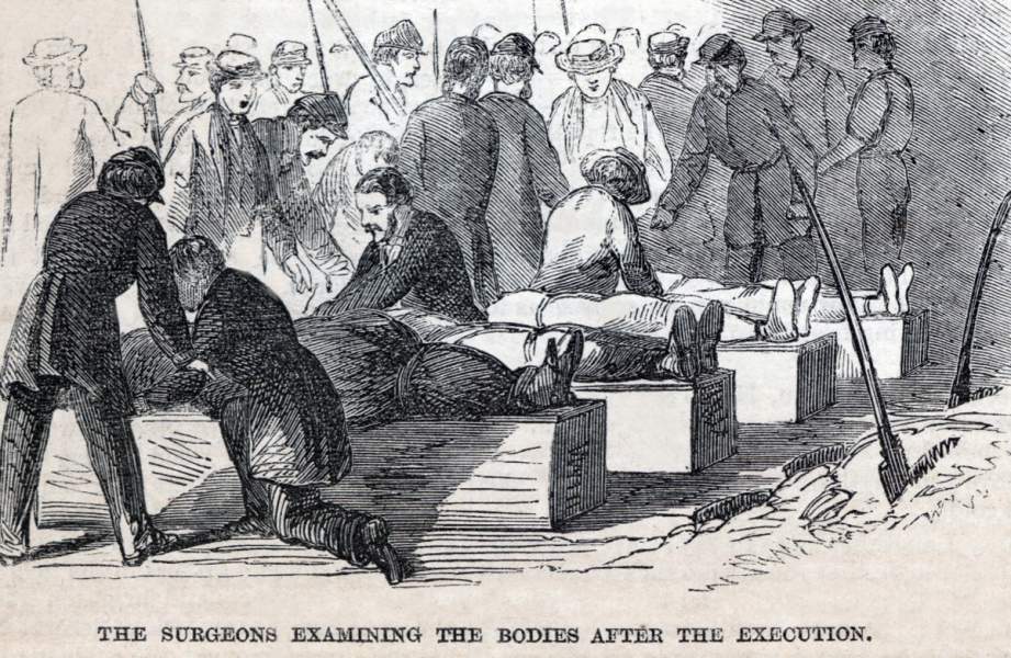 Medical examination of the bodies after the executions, Old Penitentiary, Washington D.C., July 7, 1865, artist's impression