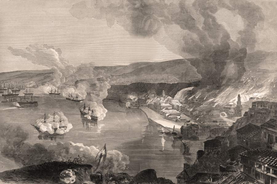 Spanish naval bombardment of Valparaiso, Chile, March 31, 1866, artist's impression, zoomable image