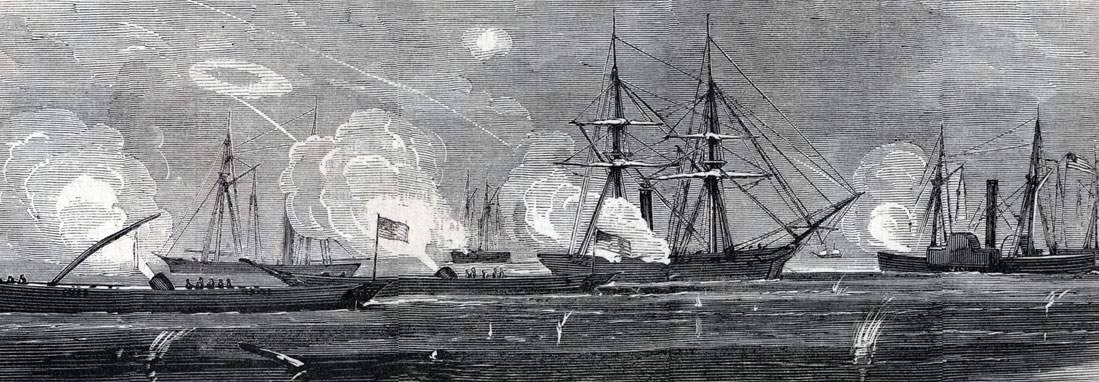 Union naval units bombarding the Confederate forts in Charleston Harbor, August 17, 1865, artist's impression, detail