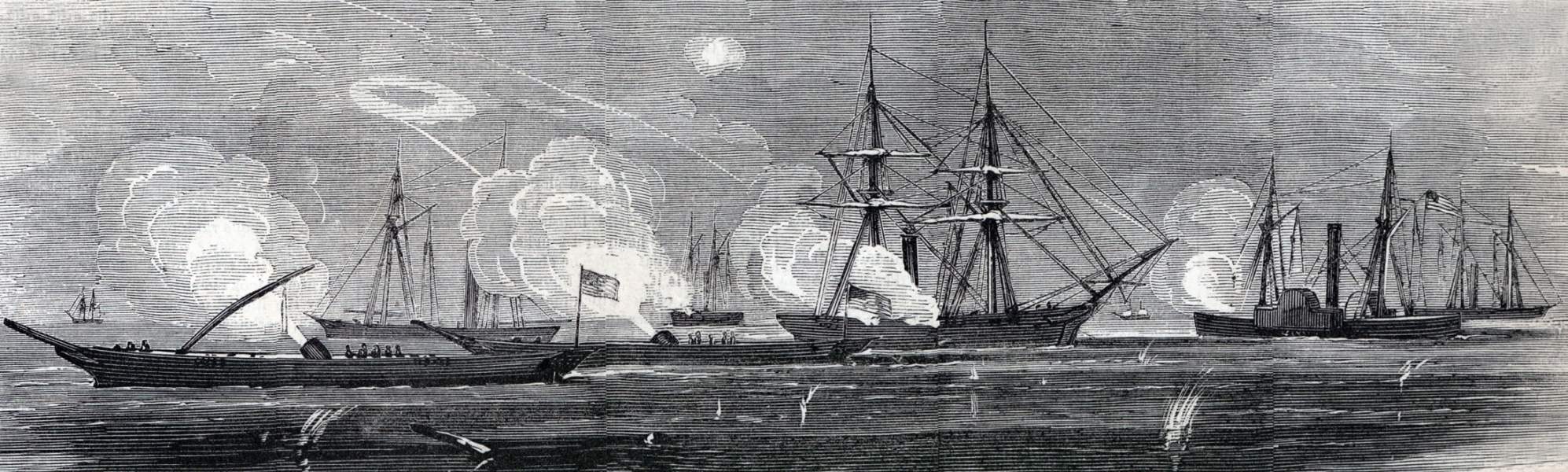 Union naval units bombarding the Confederate forts in Charleston Harbor, August 17, 1865, artist's impression, zoomable image