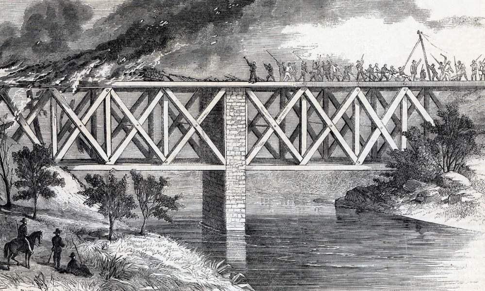 Union troops destroying railroad bridge over Ogeechee River, Georgia, November 30, 1864, artist's impression, detail