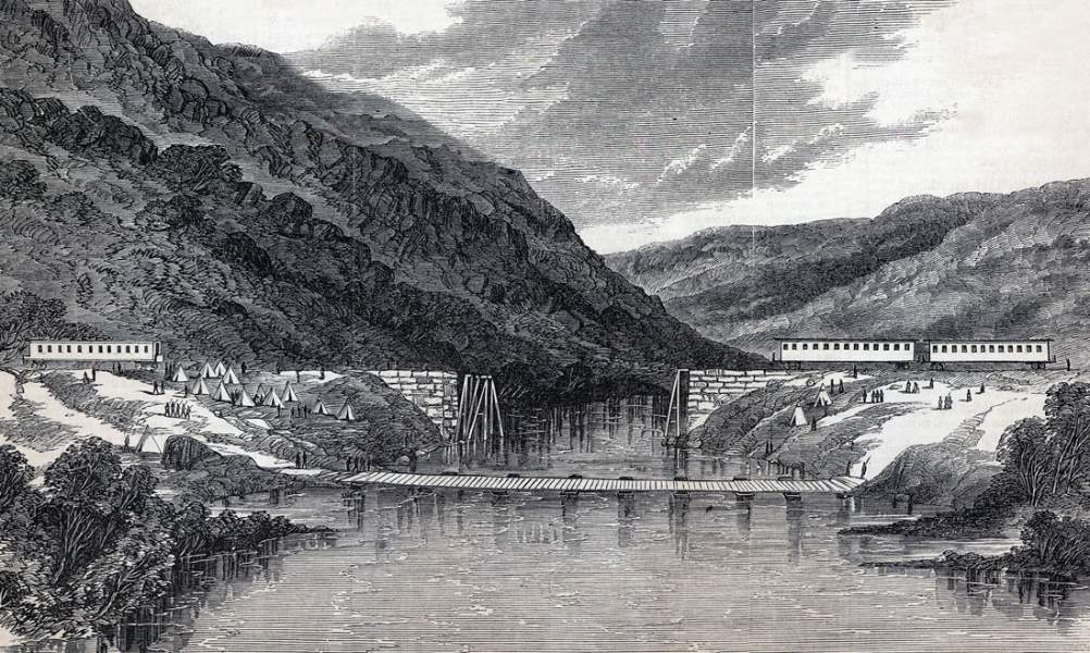 Destroyed railroad bridge over Running Water Creek, Tennessee, September 1863, artist's impression, detail