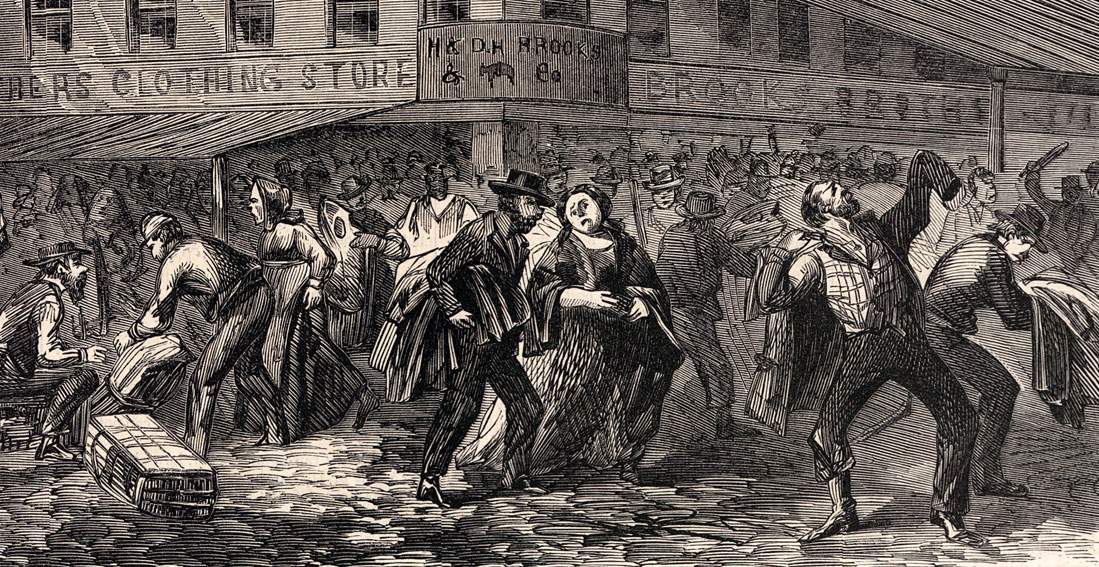 Rioters sack Brooks Brothers Clothing Store, Catherine Street, New York City, July 1863, artist's impression, detail