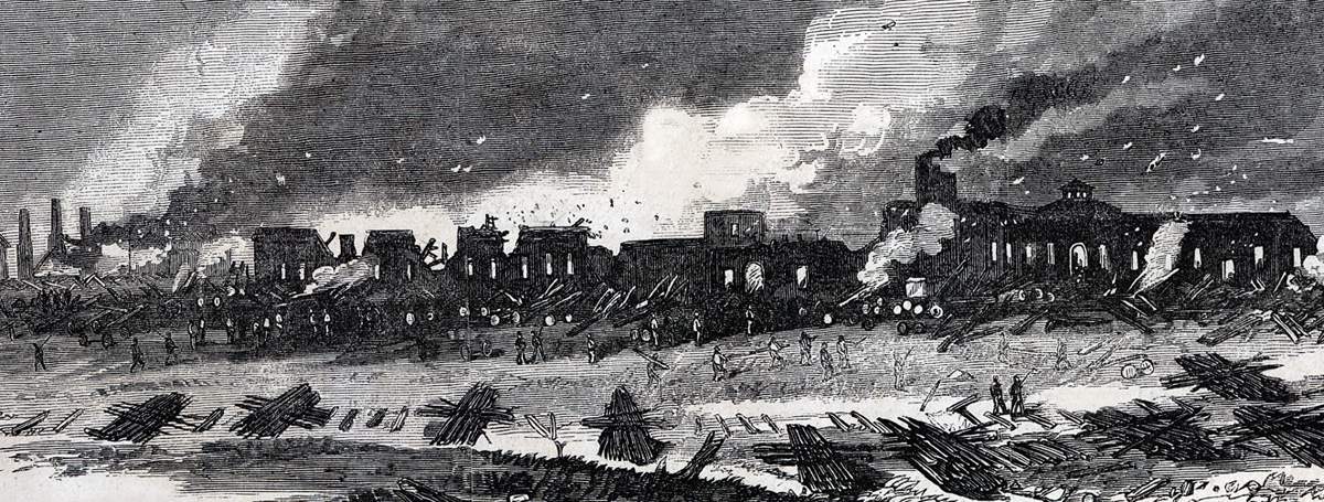 Union troops destroying railroad installations, Atlanta, Georgia, November 14, 1864, artist's impression, detail