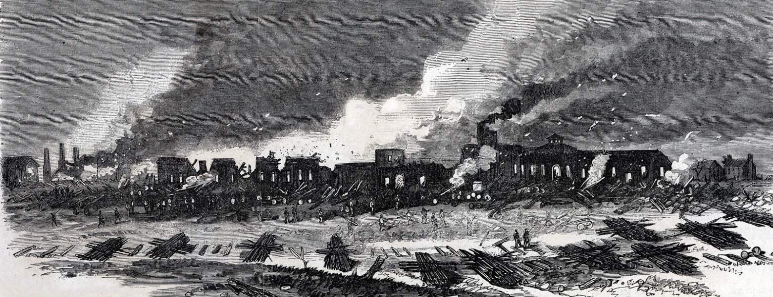 Union troops destroying railroad installations, Atlanta, Georgia, November 14, 1864, artist's impression, zoomable image