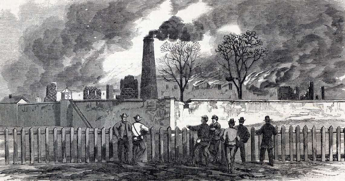 Burning the Georgia Penitentiary at Milledgeville, Georgia, November 23, 1864, artist's impression