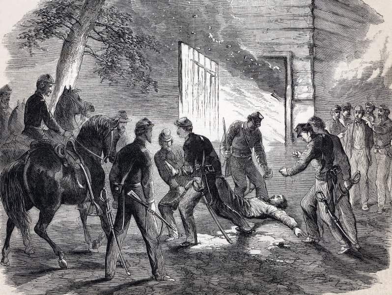Capture and death of John Wilkes Booth, near Port Royal, Virginia, April 26, 1865, artist's impression, zoomable image