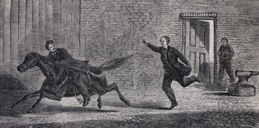 John Wilkes Booth fleeing Ford's Theater, Washington, D.C., April 14, 1865, artist's impression, detail.