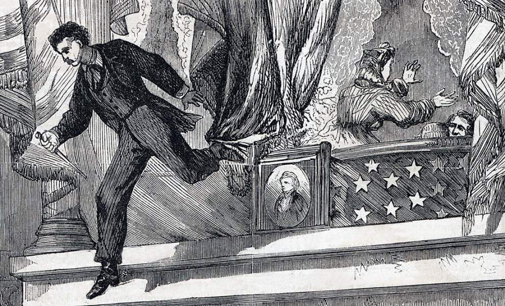John Wilkes Booth leaping to the stage, Ford's Theater, Washington, DC, April 14, 1865, artist's impression, further detail