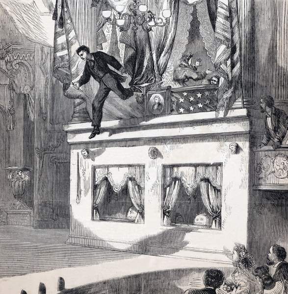 John Wilkes Booth leaping to the stage, Ford's Theater, Washington, DC, April 14, 1865, artist's impression, zoomable image