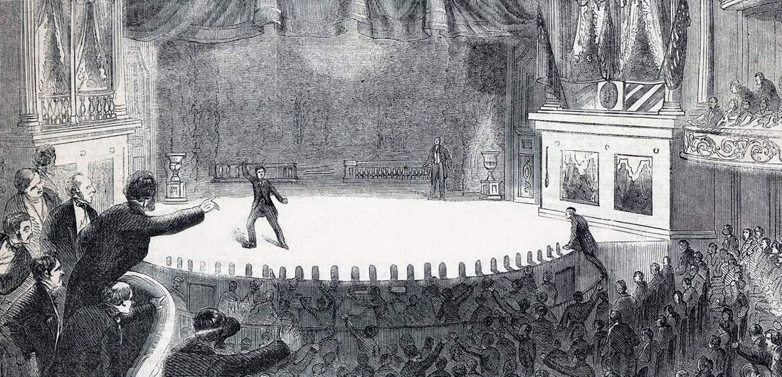John Wilkes Booth fleeing via the stage at Ford's Theater, April 14, 1865, artist's impression, detail