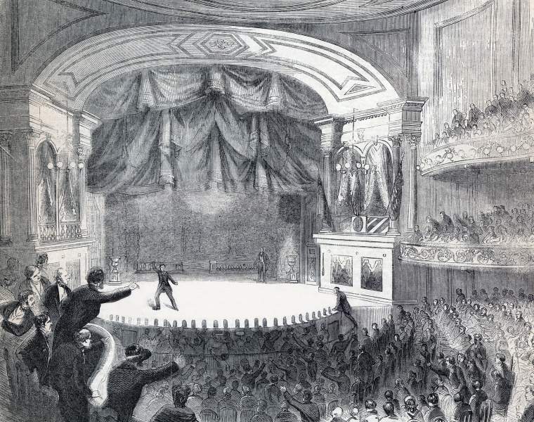 John Wilkes Booth fleeing via the stage at Ford's Theater, April 14, 1865, artist's impression, zoomable image