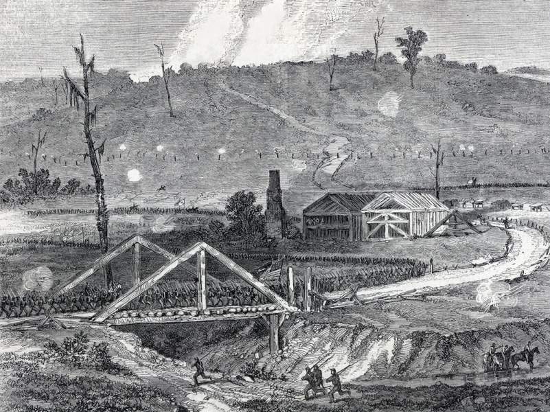 Heavy fighting on the Canton Road near Brownsville, Mississippi, November 1863, artist's impression, detail