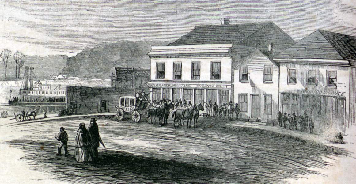 Eastern Terminus of the Butterfield Overland Stagecoach, Atchison, Kansas, late 1865, artist's impression