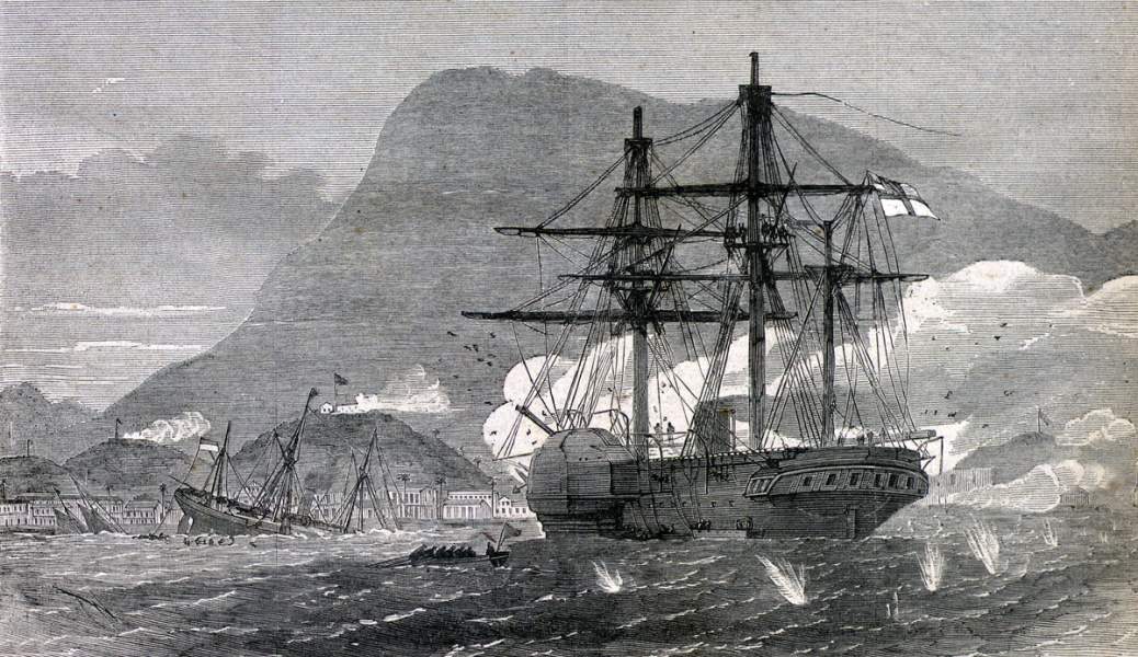 H.M.S. Bulldog, aground off Haiti, engaging rebel forts and gunboats, October 23, 1865, artist's impression