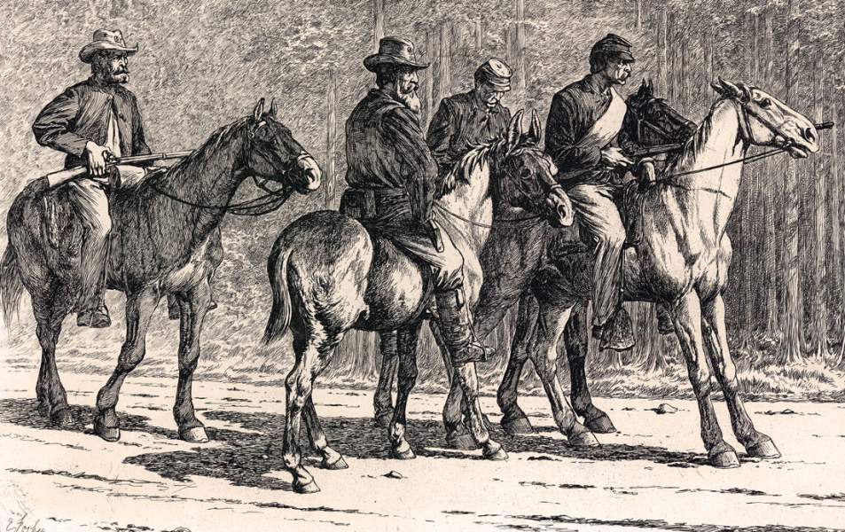 "'Bummers"," Edwin Forbes, copper plate etching, 1876, detail