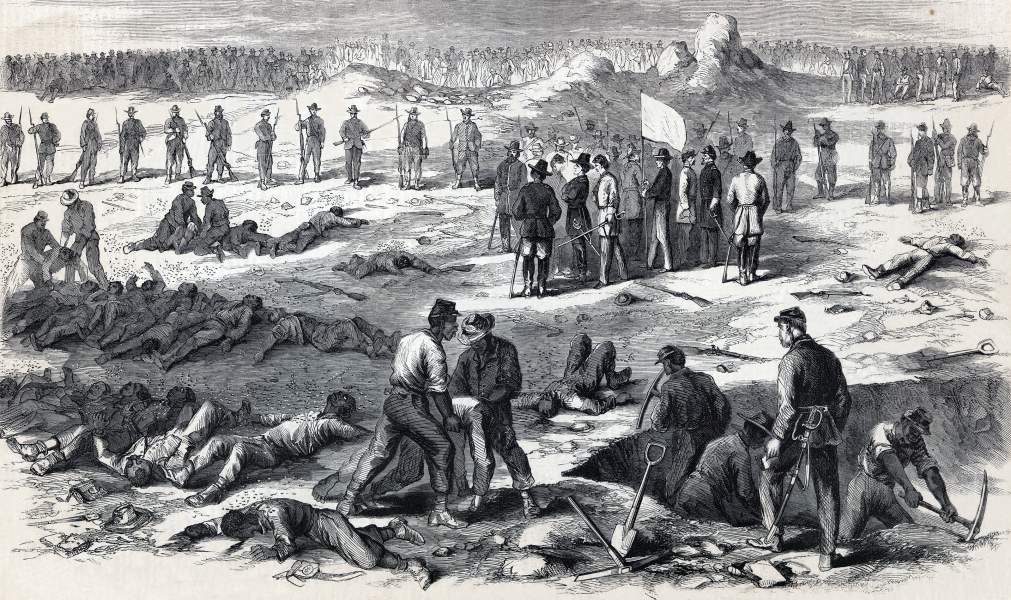 Burial truce following the battle in the Crater, Petersburg, Virginia, July 30, 1864, artist's impression, zoomable image