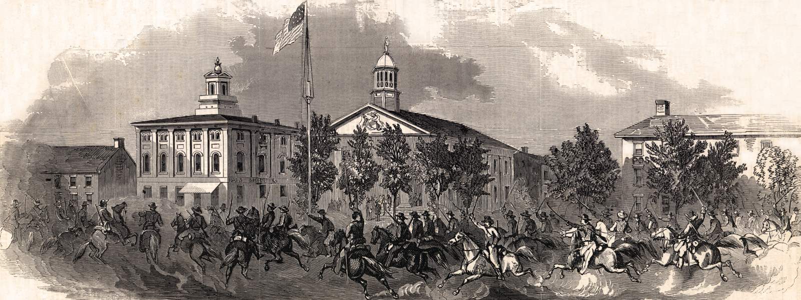 Confederate Cavalry in the Streets of Chambersburg, Pennsylvania, June 16, 1863, artist's impression, zoomable image
