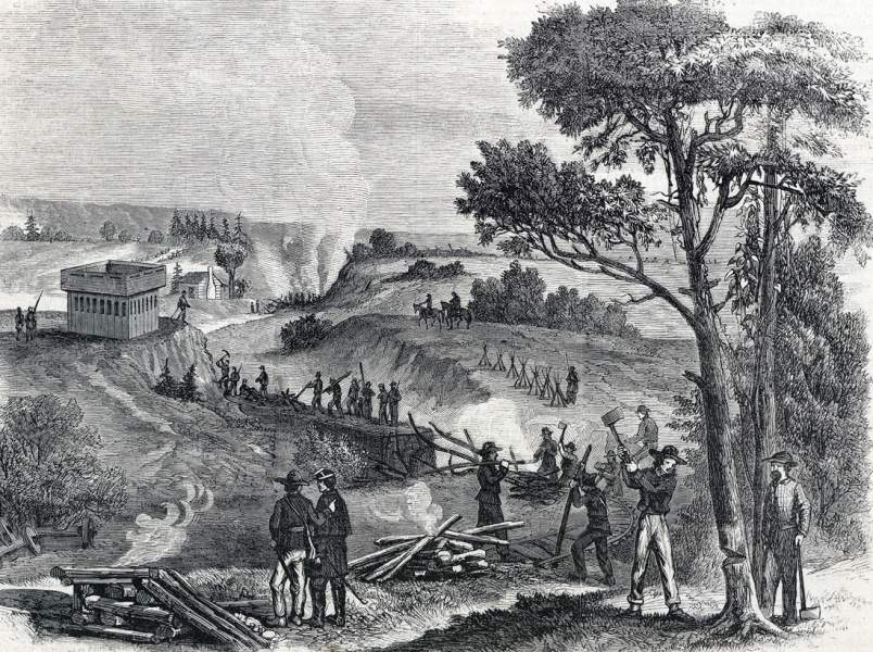 Confederate troops destroying a section of railroad in Virginia, November, 1863, artist's impression