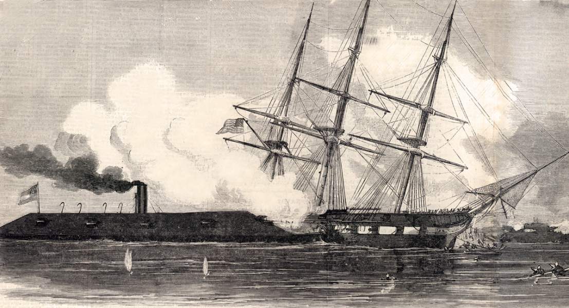 C.S.S. Virginia in action against the U.S.S. Cumberland off Newport News, March 8, 1862, artist's impression, detail