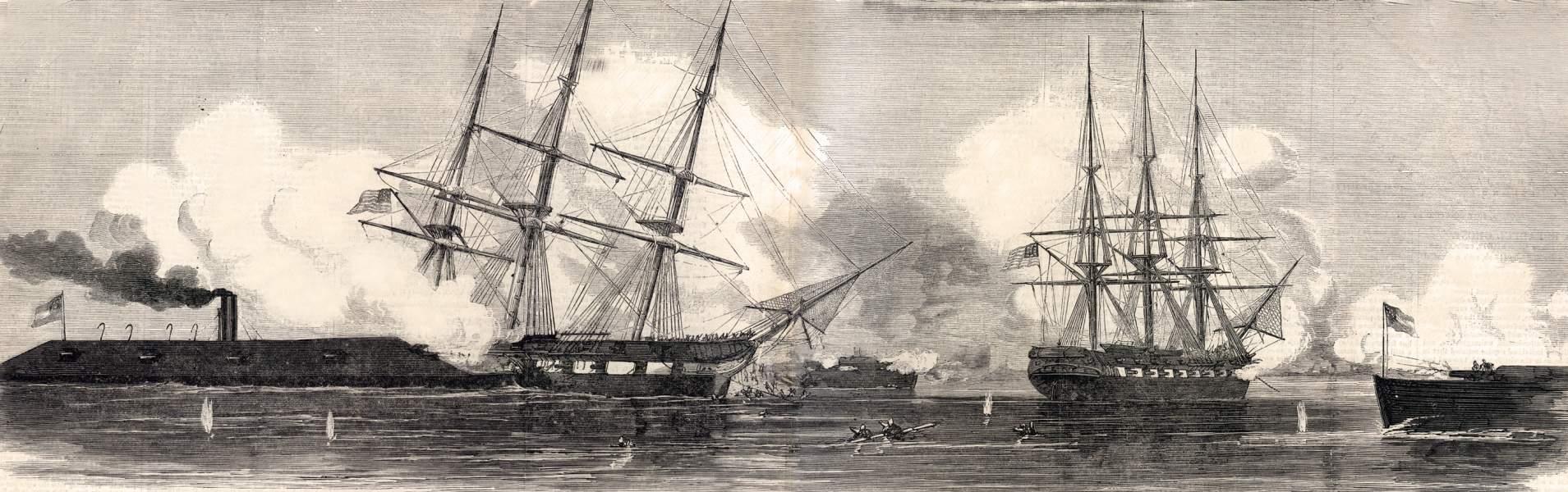 C.S.S. Virginia in action against the U.S.S. Cumberland off Newport News, March 8, 1862, artist's impression, zoomable image