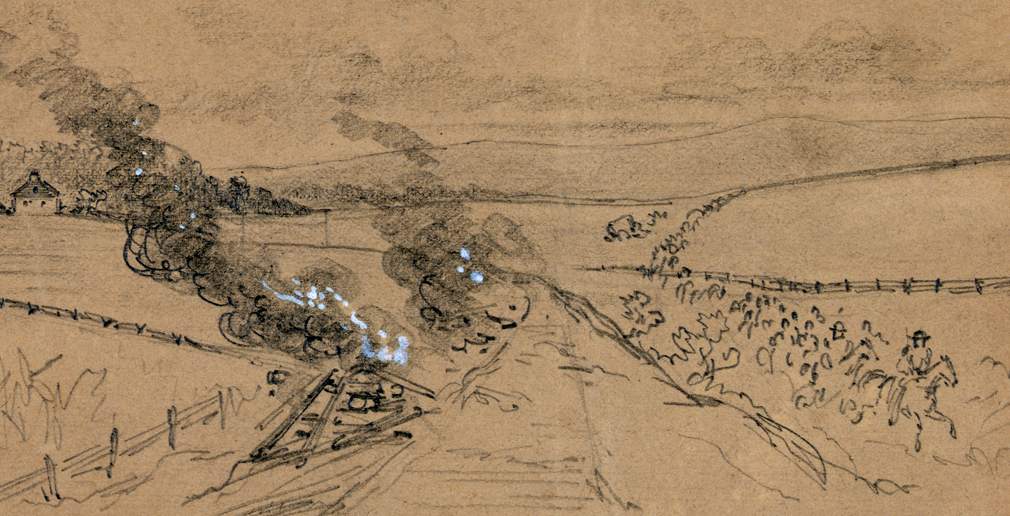 Confederate cavalry burning Cumberland Valley Railroad tracks near Scotland, Franklin County, Pennsylvania, detail