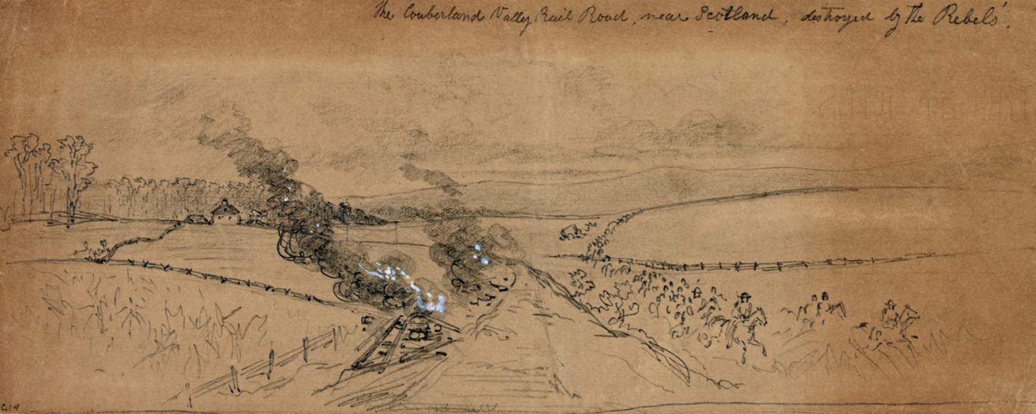 Confederate cavalry burning Cumberland Valley Railroad tracks near Scotland, Franklin County, Pennsylvania, zoomable image