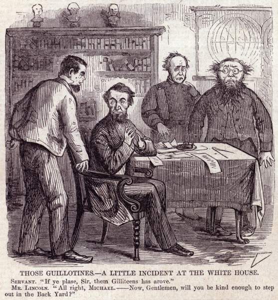 "Those Guillotines: A Little Incident at the White House," January 3, 1863, political cartoon