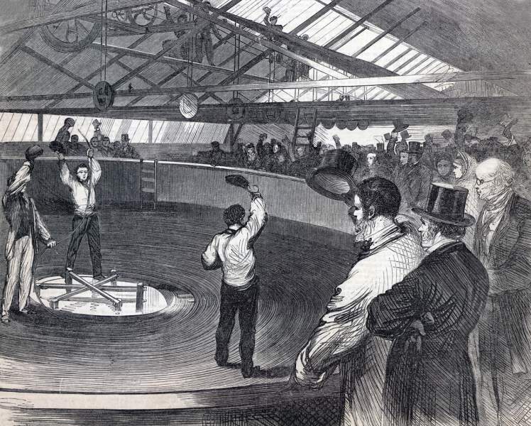 Completion of the Atlantic Cable at its factory in outside London, May 29, 1865, artist's impression.