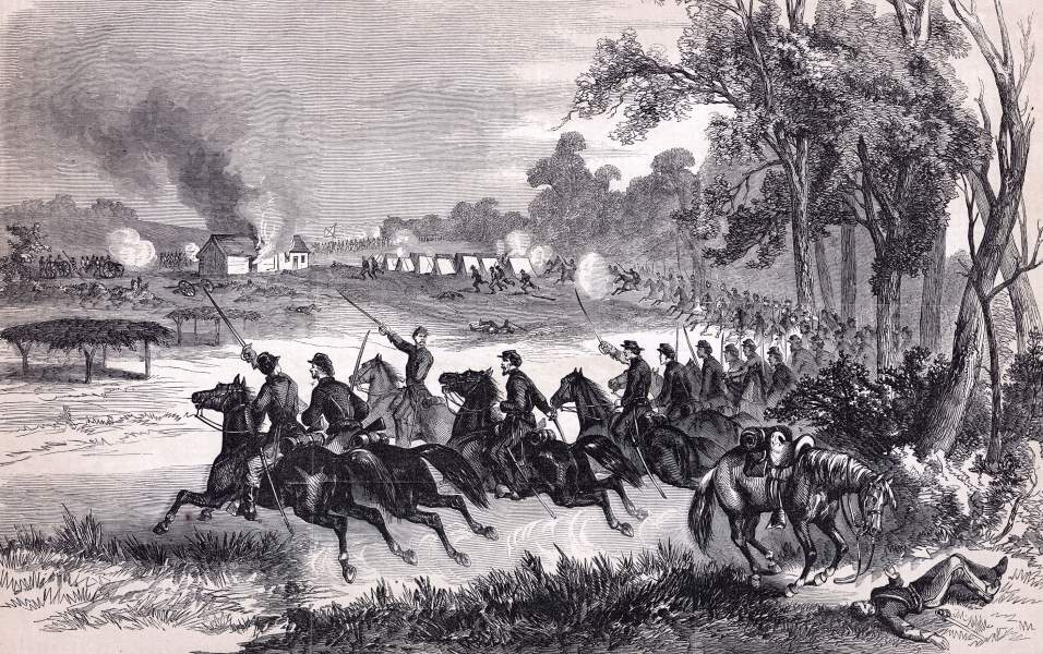 Union cavalry charge, Battle of Honey Springs, Indian Territory, July 17, 1863, artist's impression, zoomable image