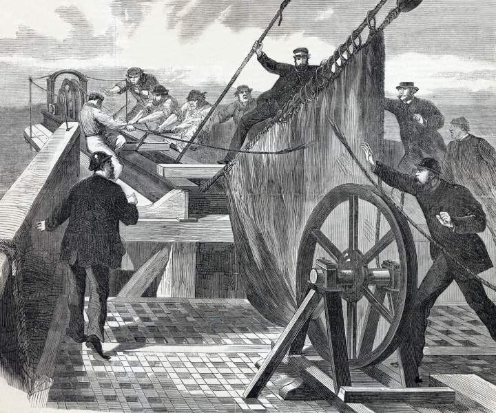 The Atlantic Telegraph Cable breaking aboard the Great Eastern, July 31, 1865, artist's impression