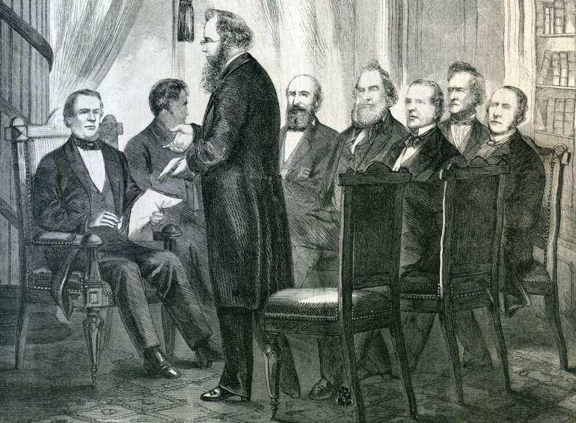 Andrew Johnson's first Cabinet Meeting, U.S. Treasury Building, Washington D.C., April 16, 1865, artist's impression, detail